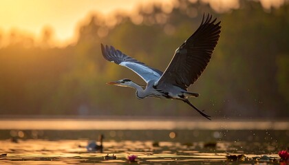 Obraz premium A heron soars over a serene lake, catching the golden light of the setting sun, with lilies in the foreground
