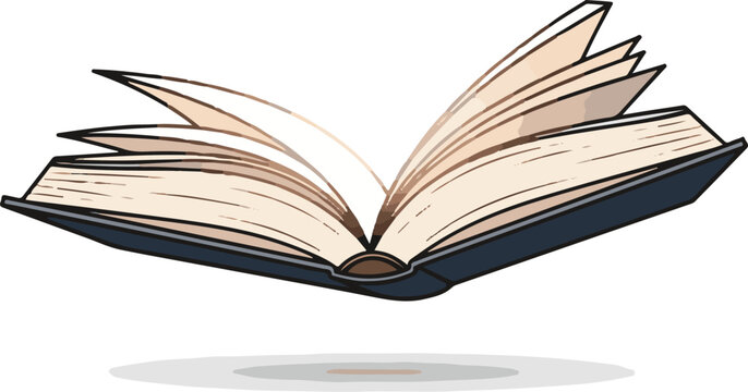 An open book with pages turning upwards on a white background