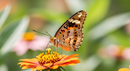Obraz premium Butterfly perched on a vibrant orange flower in a natural outdoor setting