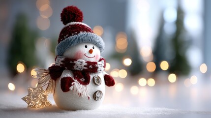Obraz premium Cute Snowman with Red Hat and Scarf Surrounded by Warm Holiday Lights in Winter Scene