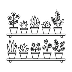Line art illustration of potted plants arranged on two shelves