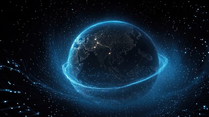 Obraz premium glowing digital earth globe with illuminated city lights, swirling blue data ring and streaming particle network in a starry space, evoking futuristic connectivity and awe