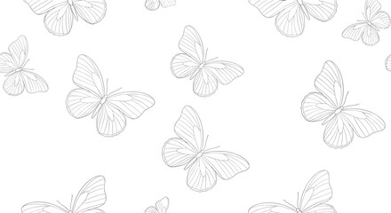 Seamless pattern of light gray butterfly line-art outlines in a repeating design for delicate wallpaper and fabrics.