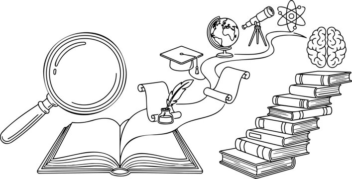 Black and white line art vector illustration of a continuous learning and education journey concept featuring an open book, magnifying glass, book staircase, scroll, graduation cap, globe, telescope, 