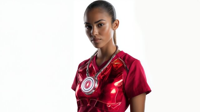 Futuristische Sportlerin erh&auml;lt eine digitale Auszeichnung im Jahr 2030 &ndash; Siegerin in rotem Hightech-Outfit mit Medaille