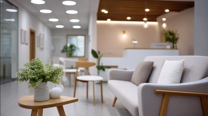 Fototapeta premium Modern interior design of a cozy waiting area with stylish furniture and soft lighting in a serene environment