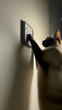 Cat Pushes Security Keypad Buttons with Paw in Close-Up Vertical Shot