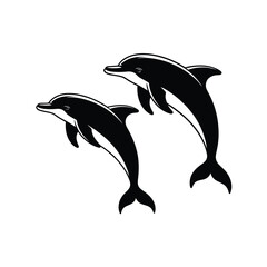 Two sleek dolphins leaping and playfully swimming in a stark design © firoj