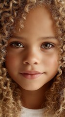 Fototapeta premium Nahaufnahme des Gesichts eines Kleinkindes mit lockigem blondem Haar und ausdrucksstarken braunen Augen