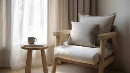 hyperrealistic Japandi reading nook with wooden chair, linen cushion, small side table with ceramic cup, neutral beige tones, soft natural light