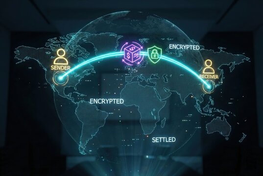 3D schematic of secure cross border global transaction payment flow