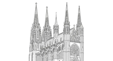 Fototapeta premium Detailed Gothic Cathedral Architecture Illustration. Medieval European Religious Building with Spires and Ornate Line Art.