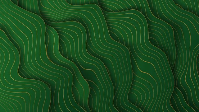 Green geometric abstract background with golden linear waves. Retro art deco motion design. Seamless loop. Video animation Ultra HD 4K 3840x2160
