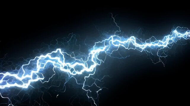 A strikingly lifelike simulation as animated lightning strikes concept. Vibrant electric lightning bolts glowing in purple and blue on dark background energy power concept