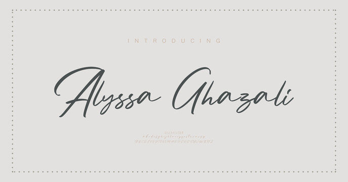 Alyssa Ghazali, Abstract Script Fashion font alphabet. Minimal modern urban fonts for logo, brand etc. Typography typeface uppercase lowercase and number. vector illustration
