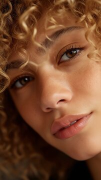 Nahaufnahme-Portr&auml;t einer jungen Frau mit lockigem Haar, nat&uuml;rlichem Makeup und direktem Blick &ndash; authentische Sch&ouml;nheitsfotografie