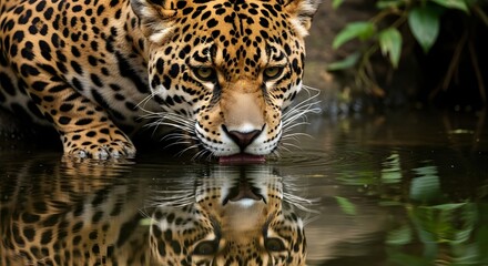 Obraz premium Jaguar drinking water closeup portrait wildlife animal nature reflection