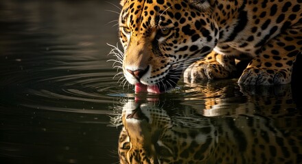 Obraz premium Jaguar drinking water close up view with reflection and dappled sunlight