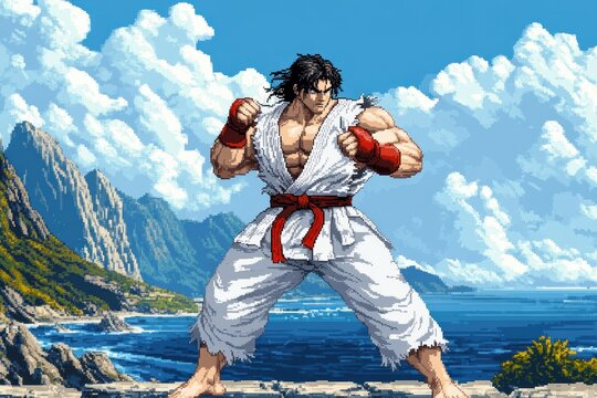 pixel art martial artist in torn white gi and red belt, fists raised in a determined fighting pose on a rocky coastal cliff under dramatic blue sky and clouds
