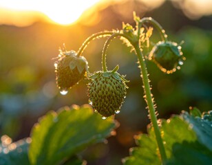 Obraz premium Green strawberries on a plant with dew drops
