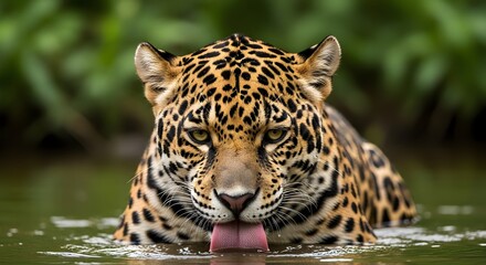 Obraz premium Jaguar resting in water with head and tongue exposed wildlife portrait