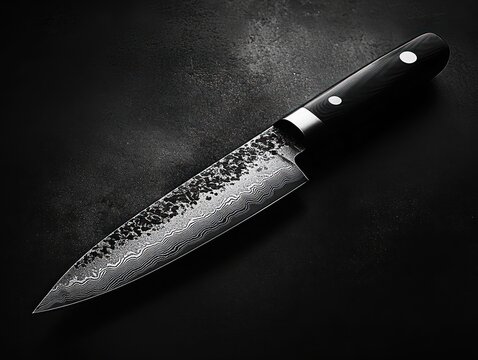 Elegant damascus chef knife with patterned forged blade and dark wooden handle on black background, evoking precision and craftsmanship