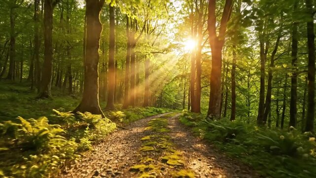 Sunbeams pierce through lush green forest canopy, illuminating a gravel path covered in moss and fallen leaves.