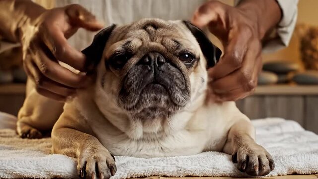 Relaxing Pug Dog Massage Session - Pampering and Wellness Treatment.