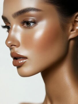 Model shows glowing skin with natural makeup in simple lighting setup for skincare tips and beauty routine
