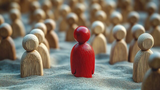 single red wooden figure standing alone amid many natural wood peg people on sand, evoking isolation, individuality and contrast