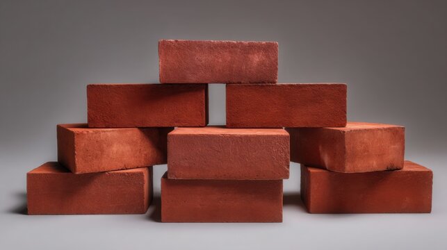 hyperrealistic photograph of stacked red clay bricks on neutral gray background, soft diffused studio lighting, detailed texture, construction concept