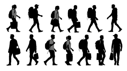 Fototapeta premium Casual Walking People Silhouette Vector Pack – Bags and Backpacks Side View