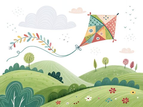 Colorful Kite Flying Over Rolling Hills Spring Landscape Illustration clipart
