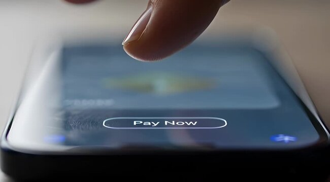Close-up of finger pressing 'Pay Now' button on smartphone screen during smartphone payment transaction slow motion for digital wallet and mobile banking applications