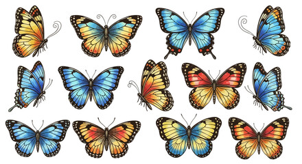 Vibrant butterflies flying in diverse directions on a crisp white background, Whisk reference for colorful wings, various species, close-up view © Avra