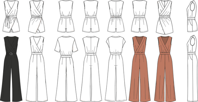 Women fashion jumpsuit and romper flat sketches set featuring sleeveless wrap designs short rompers and long trousers for apparel tech pack vector