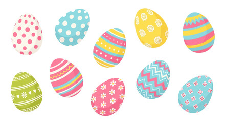 Collection of colorful Easter eggs with various patterns and designs on a white background, viewed from directly above, resembling an illustration for a festive graphic design file