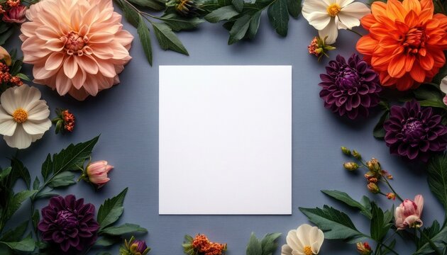 blank white square card on blue-gray background surrounded by peach, orange, purple and cream dahlias, cosmos, buds and green leaves, elegant and serene floral flat lay