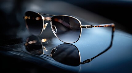 luxury sunglasses on glossy black surface, sharp reflections, soft focused background, dramatic studio lighting, high fashion product photography