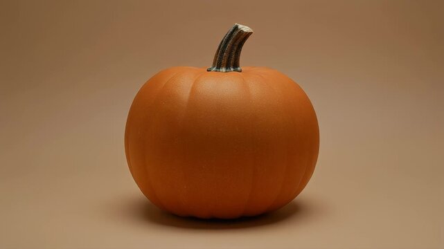 A single bright orange pumpkin sits centered against a warm, solid brown background, showcasing its smooth skin and stem