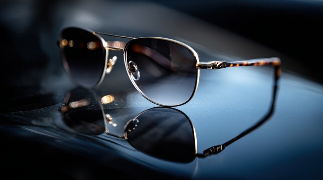 luxury sunglasses on glossy black surface, sharp reflections, soft focused background, dramatic studio lighting, high fashion product photography