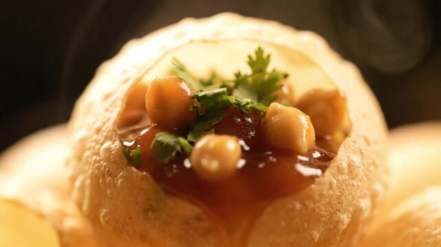 Delicious close-up of golden pani puri, india's popular street food, filled with chickpeas and tangy sauce.