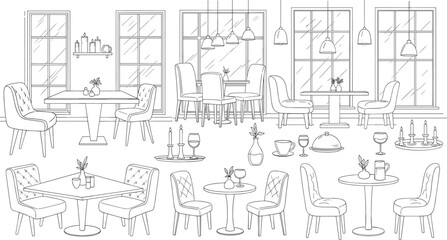 Hand drawn restaurant interior furniture set with elegant tables chairs windows and dining accessories in black and white line art vector