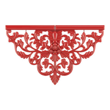 Ornate red architectural detail possibly a corbel or shelf bracket