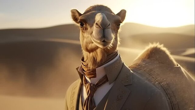 Camel in Suit Standing in Desert Landscape.