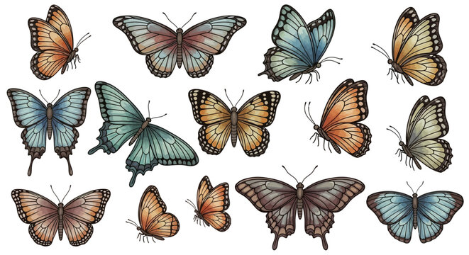 Collection of colorful butterfly illustrations showcasing various species and wing patterns from different viewpoints on a clean background, Whisk_f96f9b1cf0f6dc6b8d5436b9fcfd32b8dr.eps reference