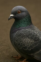 Fototapeta premium A pigeon standing on a grey surface, close-up view of its feathers and head, showcasing its natural plumage and vibrant colors in a neutral background.