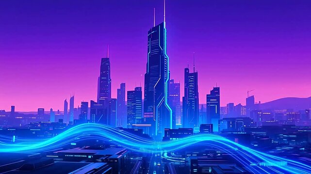 FuturisticCityNightscapewithBlueLightWaves