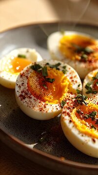 Soft-boiled eggs on a plate with spices and herbs, close-up shot with warm natural lighting.