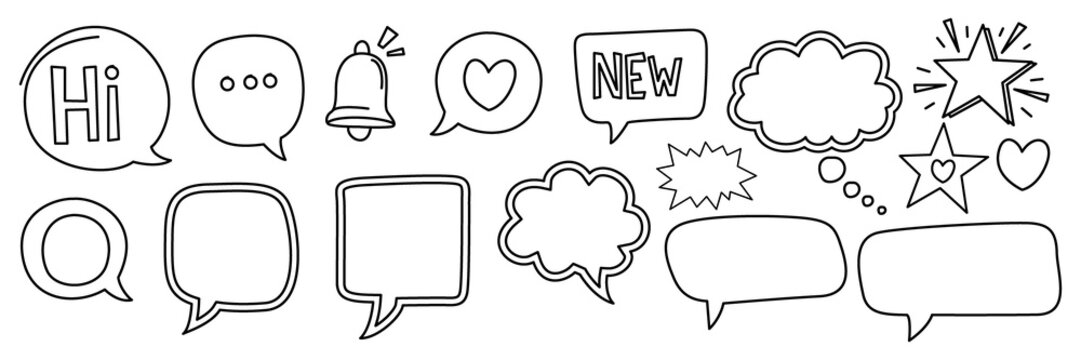 Collection of decorative speech bubbles and symbolic icons including stars and hearts in doodle style for messaging and social media design on alpha background